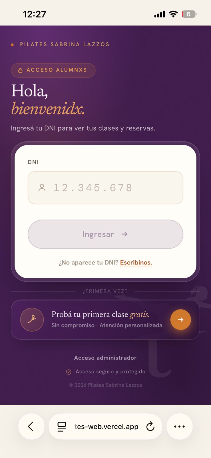 Acceso de alumnxs por DNI, vista mobile — Pilates Sabrina Lazzos