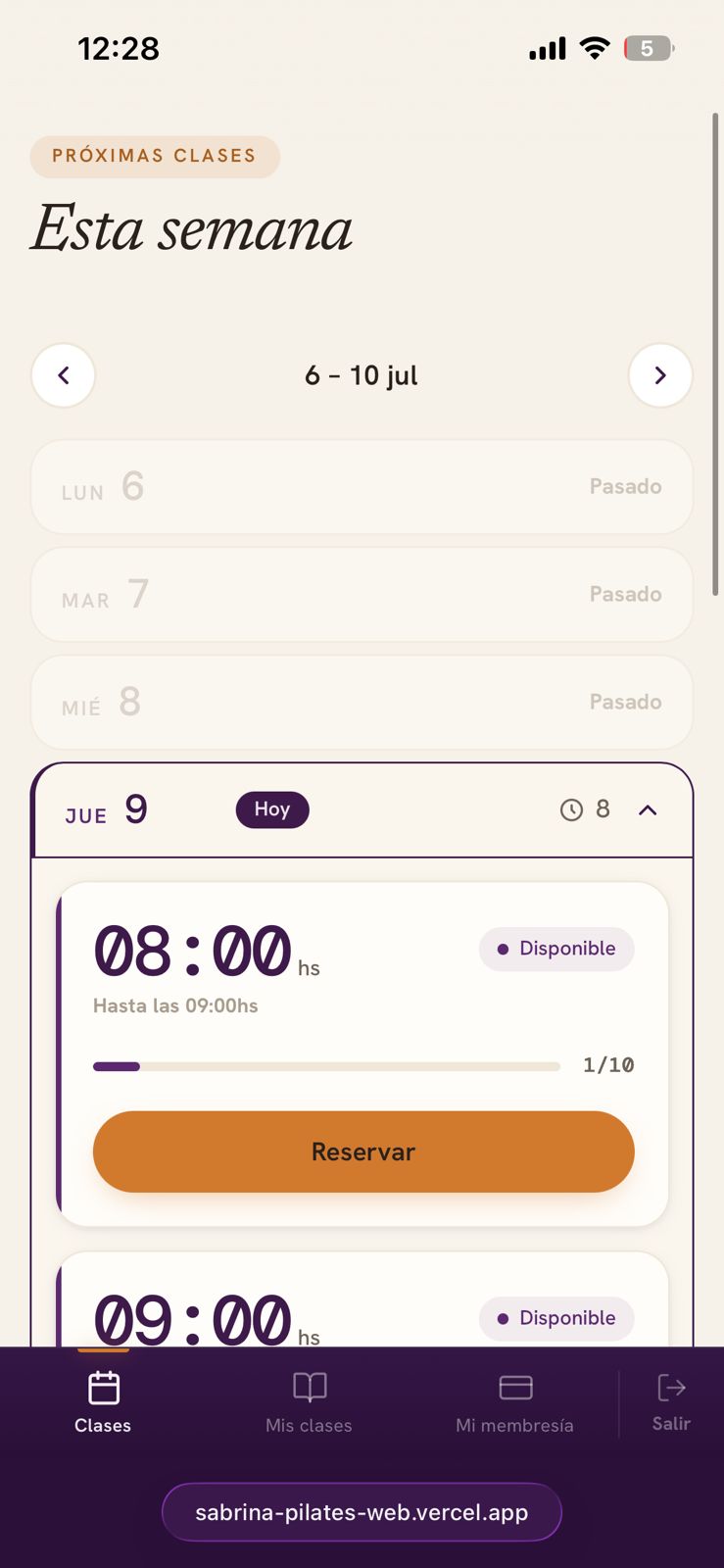 Calendario de reservas, vista mobile — Pilates Sabrina Lazzos