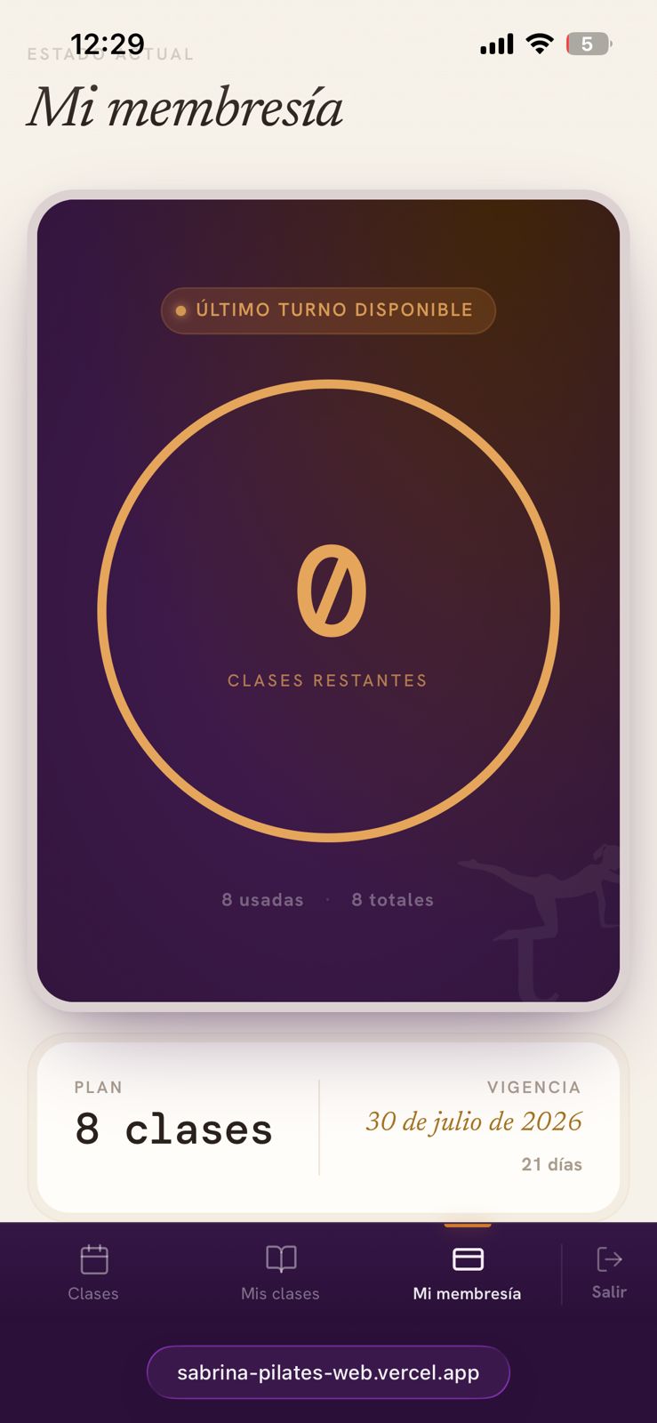 Estado de membresía, vista mobile — Pilates Sabrina Lazzos