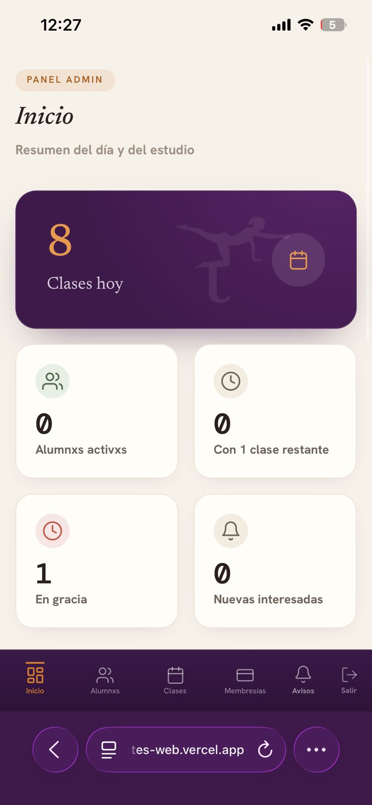 Panel admin, inicio, vista mobile — Pilates Sabrina Lazzos