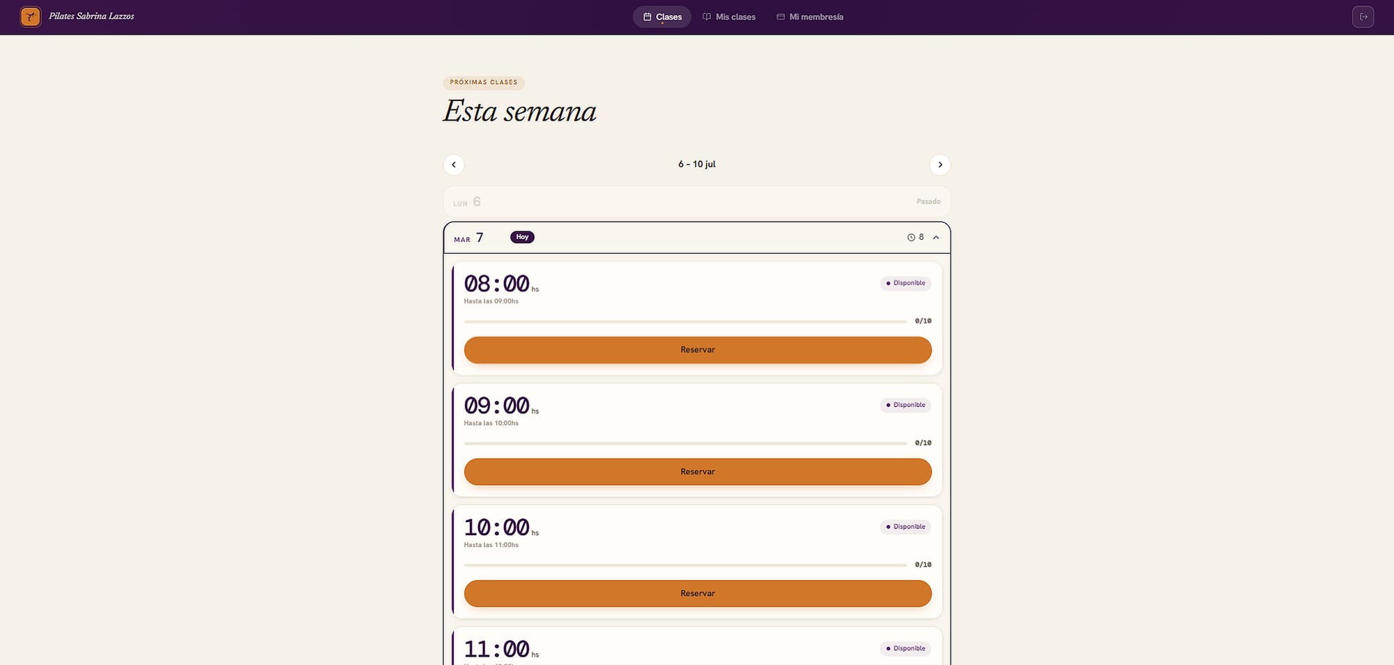 Calendario semanal de reservas del portal de alumnxs — Pilates Sabrina Lazzos