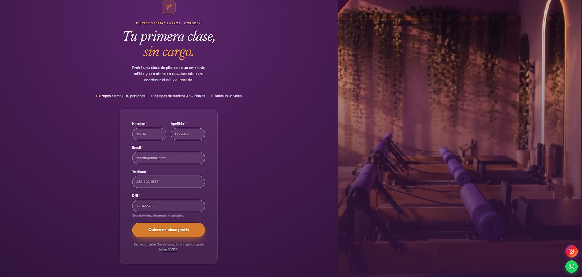 Landing de primera clase gratis — Pilates Sabrina Lazzos